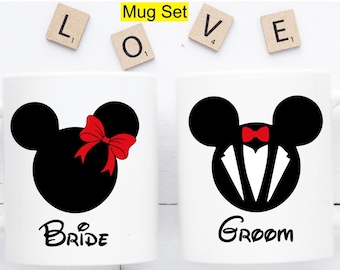 Bruid en bruidegom Mickey Minnie mok set, bruiloft paar mok set