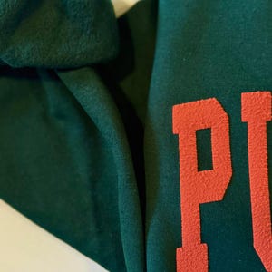 May include: Close-up of a dark green sweatshirt with the word "PUT" in a bold, orange, textured font. The fabric is folded, showing the texture and color variations of the material.