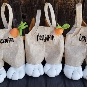 Personalized Easter Bunny Tote Bag, Vintage Bunny Overall Bag, Eggs Hunt Bag, Bunny Pants Easter Bag, Custom Easter basket, First Easter bag