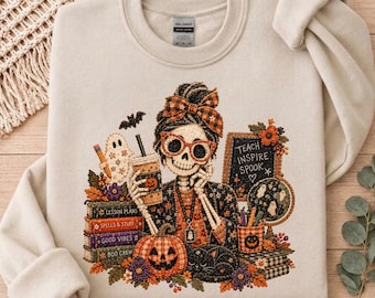Sweatshirt mit gruseligem Lehrer-Skelett-Motiv, Cottagecore-Halloween-Pullover, Herbstpullover mit Eiskaffee-Motiv