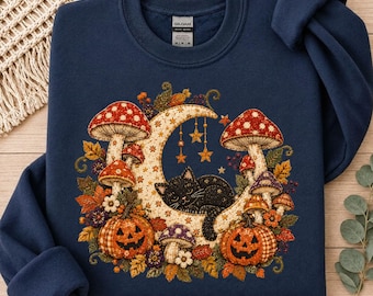 Herbstpullover mit gruseliger schwarzer Katze, Cottagecore-Pullover mit Pilz- und Mondmotiv im Patchwork-Stil, Herbstpullover