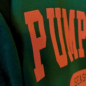May include: Close-up of a dark green sweatshirt with the word "PUMPKIN" in large, orange, textured letters. Below, the word "SEASON" is printed in a matching orange oval.