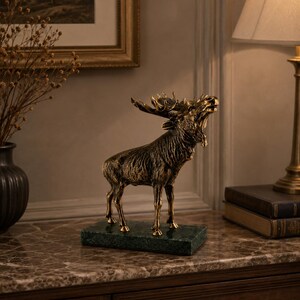 Statua di alce in ottone su base di marmo, scultura vintage di animali selvatici, decorazione rustica per baita, ornamento di lusso per ufficio, regalo per amanti degli alci, decorazione per la casa a tema bosco