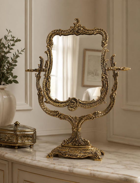 large gold dressing table mirror Brass Vanity Adjustable Mirror Vintage Rococo Mirror Ornate Brass Frame Luxury Desk Mirror Antique Style Decor plus plus size formal dresses