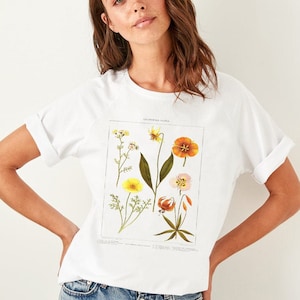 California Flora, Californië Wilde bloem, Floral Botanical Chart Tee, Trendy Grafisch T-Shirt, Vintage T-Shirt Vrouwen, Vintage Californië, Bloemen