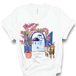 Santorini Greece T Shirt, Greece, Greek Islands, Santorini Honeymoon Shirt, Bougainvillea, Blue Dome, Donkey, Souvenir, Gift For Her, Travel