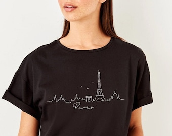 T-shirt parigina, t-shirt della Torre Eiffel, magliette di Parigi, skyline di Parigi, regalo per lei, t-shirt di abbigliamento da viaggio, t-shirt parigina da donna, Francia, UNISEX