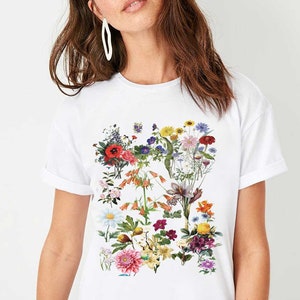Botanische Shirt Vintage Geïnspireerde Botanische Tee Wildflowers Womens T-Shirt Grafische Tees Bloemenkaart Plant Lover Tuinieren Cadeau voor haar