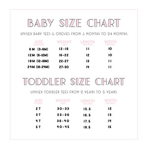 May include: A pink and white baby and toddler size chart with the text "Baby Size Chart" and "Toddler Size Chart". The chart lists age in months and years, weight in pounds, length in inches, and width in inches.