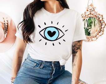 Camisa con mal de ojo, camisa Hamsa, regalo bohemio para mujer, hombre, recuerdo de Grecia, Mykonos, Santorini, griega, camisa de yoga, buenas vibraciones solamente, mística, UNISEX