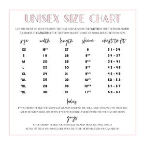 May include: Unisex size chart for a tee shirt with measurements in inches for width, length, sleeve, and chest to fit. The chart includes sizes XS, S, M, L, XL, 2XL, 3XL, and "XL".