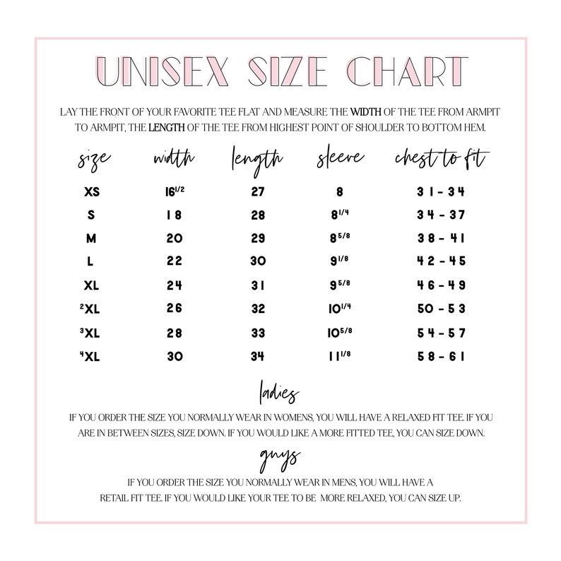 May include: Unisex size chart for a tee shirt with measurements in inches for width, length, sleeve, and chest to fit. The chart includes sizes XS, S, M, L, XL, 2XL, 3XL, and "XL".