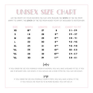 May include: Unisex size chart for a t-shirt with measurements in inches for width, length, sleeve, and chest to fit. The chart includes sizes XS, S, M, L, XL, 2XL, 3XL, and "XL".