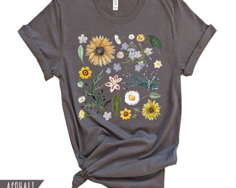 Women's Botanical Print T-Shirt - Daisy & Sunflower Short Sleeve Graphic Tee, Loose Fit Casual Crewneck Top
