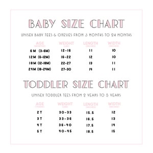 May include: A pink and white baby and toddler size chart with the text "Baby Size Chart" and "Toddler Size Chart". The chart lists age in months and years, weight in pounds, length in inches, and width in inches.