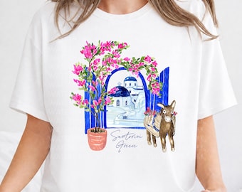 Santorini Grekland T-shirt Grekland Grekland Grekiska öar Santorini smekmånadsskjorta Bougainvillea Blå kupolåsna Souvenirpresent För Hennes Resa