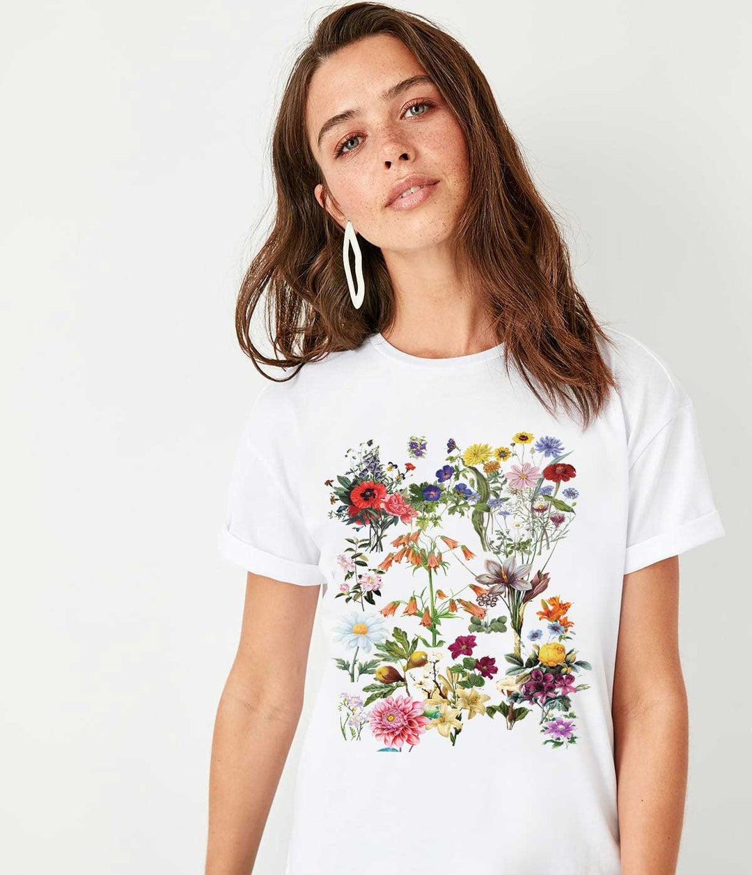 ☆YALE☆ Women's Vintage Flower Dan Short Sleeve T-Shirt Whi Wildflower Blossom Floral Graphic Tee T-Shirts for Women