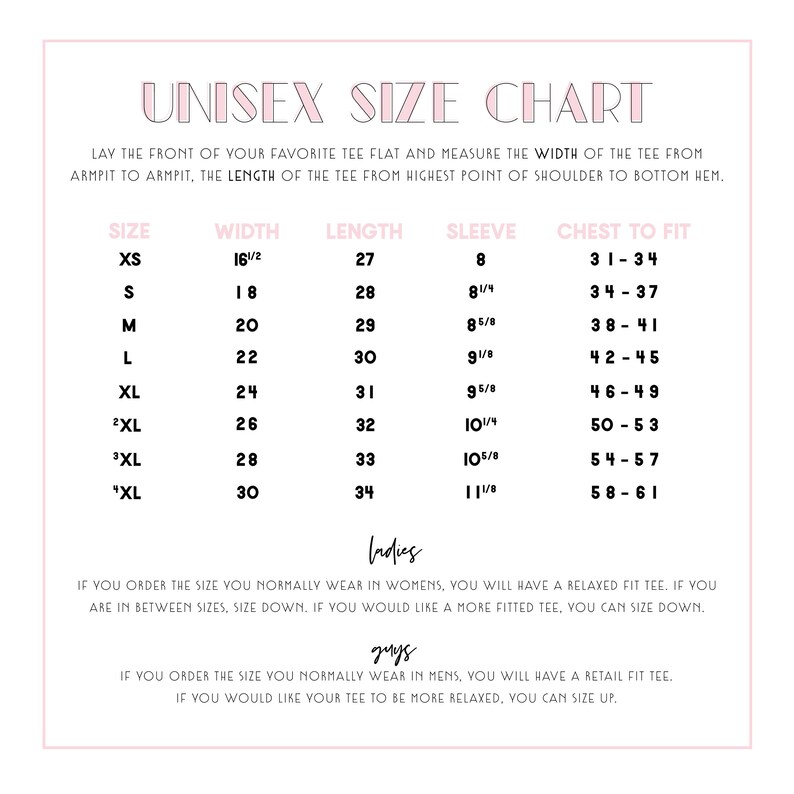 Op de afbeelding: Unisex maattabel voor een T-shirt, met de afmetingen in inches voor breedte, lengte, mouwlengte en borstwijdte. De tabel bevat de maten XS, S, M, L, XL, 2XL, 3XL en "XL".
