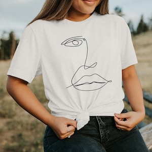 Line Drawn Faces Print T-shirt, Womens Tees, Black on White Tee Shirt Tshirt Picasso Doodle Art Style Unisex Top Artistic Tee, Cute Tee