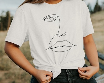 Line Drawn Faces Print T-shirt, Womens Tees, Black on White Tee Shirt Tshirt Picasso Doodle Art Style Unisex Top Artistic Tee, Cute Tee