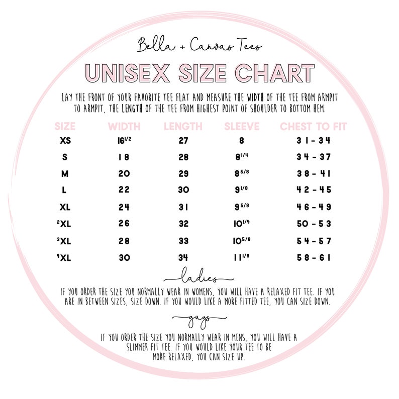 Puede incluir: Tabla de tallas unisex para camisetas Bella + Canvas. La tabla muestra las medidas de ancho, largo, manga y pecho para las tallas XS a 3XL. La tabla tambi&eacute;n incluye consejos de talla para mujeres y hombres.