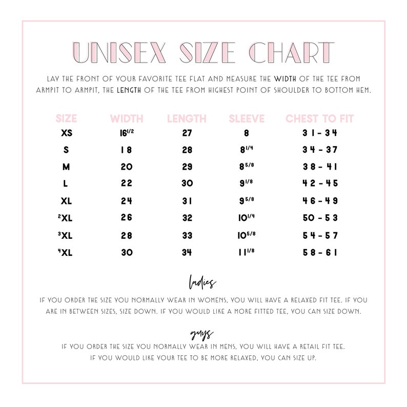 May include: Unisex size chart for a t-shirt, showing measurements in inches for width, length, sleeve, and chest to fit. The chart includes sizes XS, S, M, L, XL, 2XL, 3XL, and "XL".