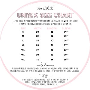 May include: Unisex size chart for sweatshirts with measurements in inches for width, length, and sleeve. The chart includes sizes S, M, L, XL, 2XL, 3XL, and "XL".
