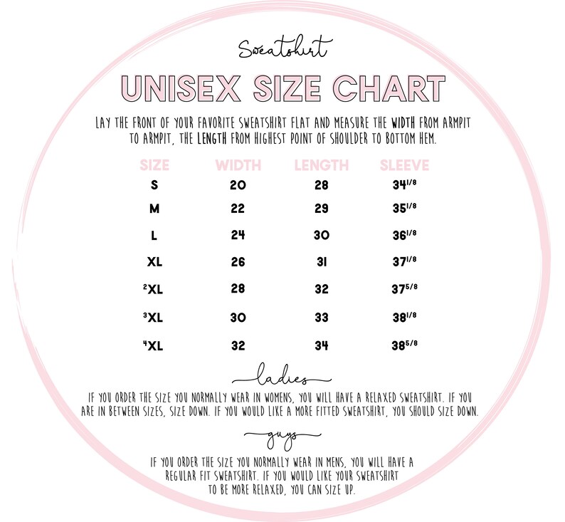 May include: Unisex size chart for sweatshirts with measurements in inches for width, length, and sleeve. The chart includes sizes S, M, L, XL, 2XL, 3XL, and "XL".