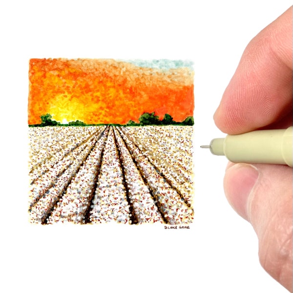 Delta Cotton Field Art Print | Mississippi Delta Farm Illustration | Miniature Artwork