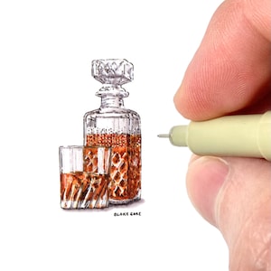ボトルとウイスキーのアートプリント | スコッチのイラスト | バー用アート | ウイスキーを飲む人へのギフト | バーカートの装飾