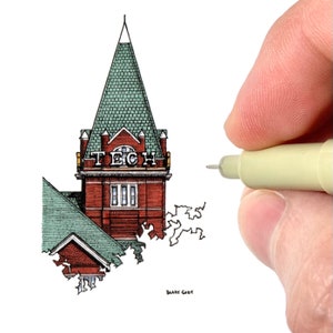 Georgia Tech Tower Art Print | Georgia Tech Atlanta Campus Illustration | Miniature Art