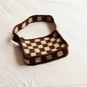 Brown Checkered Crochet Shoulder Bag/ Crochet Purse/Knitted Bag/ Handmade Crochet Bag/Checkboard Tote