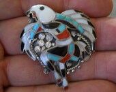 Vintage Native American Indian Zuni Turquoise Multi-Stone Channel Inlay Sterling Silver Eagle Dancer Pendant Pin Brooch by J LUCIO