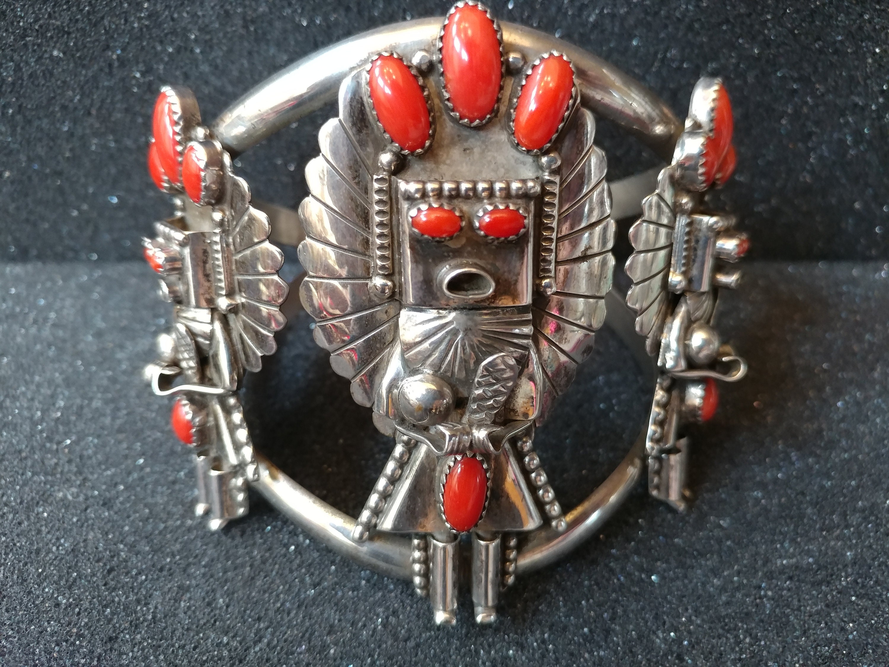 Doris Smallcanyon Navajo Coral Kachina Sterling Silver Cuff Bracelet Doris Smallcanyon Navajo Coral Kachina Sterling Silver Cuff Bracelet