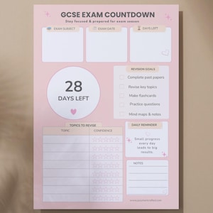 May include: A pink GCSE exam countdown planner with the text "GCSE EXAM COUNTDOWN" and "Stay focused & prepared for exam season." It includes sections for exam subjects, dates, and days left, plus revision goals and a daily reminder.