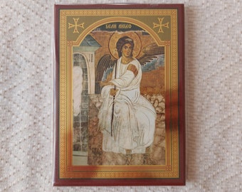 Handmade Serbian Orthodox Icon: White Angel on Wood (17 x 12 cm)