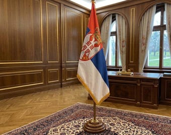 Serbian With Coat Of Arms Flag Indoor Ceremonial Crepe Satin