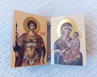 Servisch diptych-icoon: Sint Joris met Jezus Christus en de Moeder Gods.