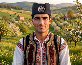 Handmade Black Wool Serbian Traditional Cap Sajkaca With Kokarda