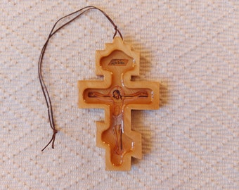 Serbian Christian Orthodox Wooden Pectoral Cross Pendant with Rope Cord for Car Rearview Mirror
