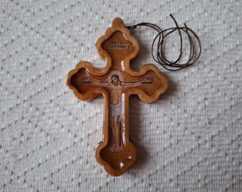 Serbian Christian Orthodox Wooden Pectoral Cross Pendant with Rope Cord for Car Rearview Mirror