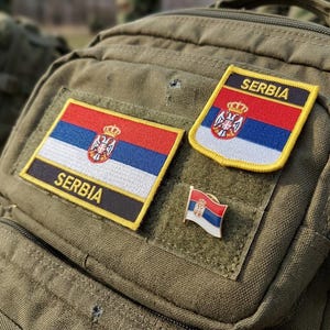 Serbian Flag Pin Badge and 2 Patches - Tactical Military Style