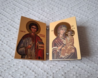 Servisch diptych-icoon: Sint Stefanus met Jezus Christus en de Moeder Gods.