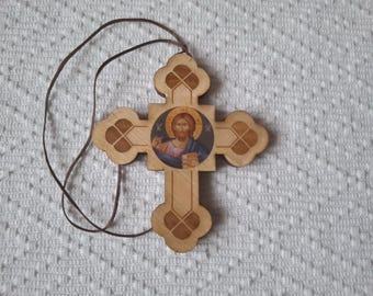 Orthodox Wooden Pectoral Cross Pendant with Rope Cord