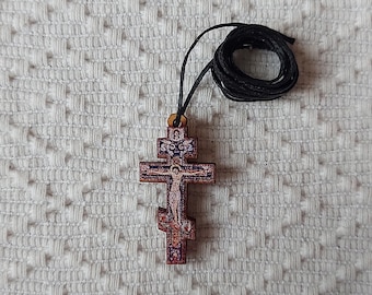 Small Russian Christian Wooden Pectoral Cross Pendant Rope Cord Car Rearview Mirror