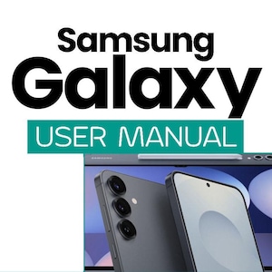 Puede incluir: La imagen muestra un manual de usuario de Samsung Galaxy. El texto es en blanco y negro, con las palabras "Samsung Galaxy" en negrita. Debajo, en un rectángulo verde, está el texto "USER MANUAL". También se ve un smartphone gris con tres lentes de cámara.
