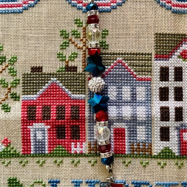Handmade Beaded July 4th Scissor Fob.  Decorative touch for your favorite needlework scissors or to add as a beautiful zipper pull.