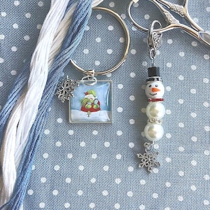 Snowman thread keep with snowman beaded scissor fob/scissor charm set