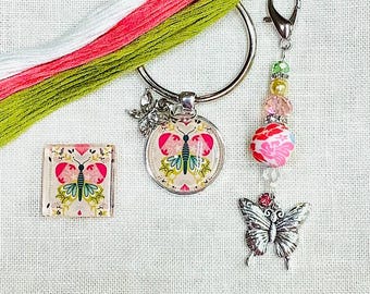 Colorful butterfly thread keeps offered, needle minder and mini beaded scissor fob