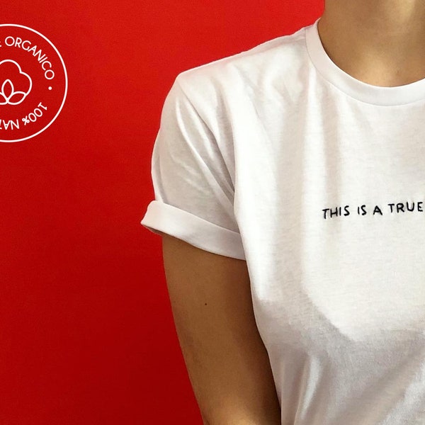 Customizable hand-embroidered T-shirt in 100% organic cotton "Say it with a thread"